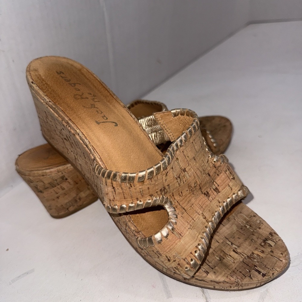 Jack Rogers Sloane Mid Wedge Slides Cork Gold Whipstitch Platform Sandals Size 9